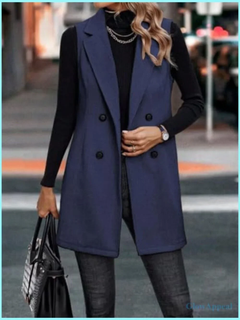 Sleeveless Tweed Vest Blazer, Wool Blend, Notch Collar, Double Breasted